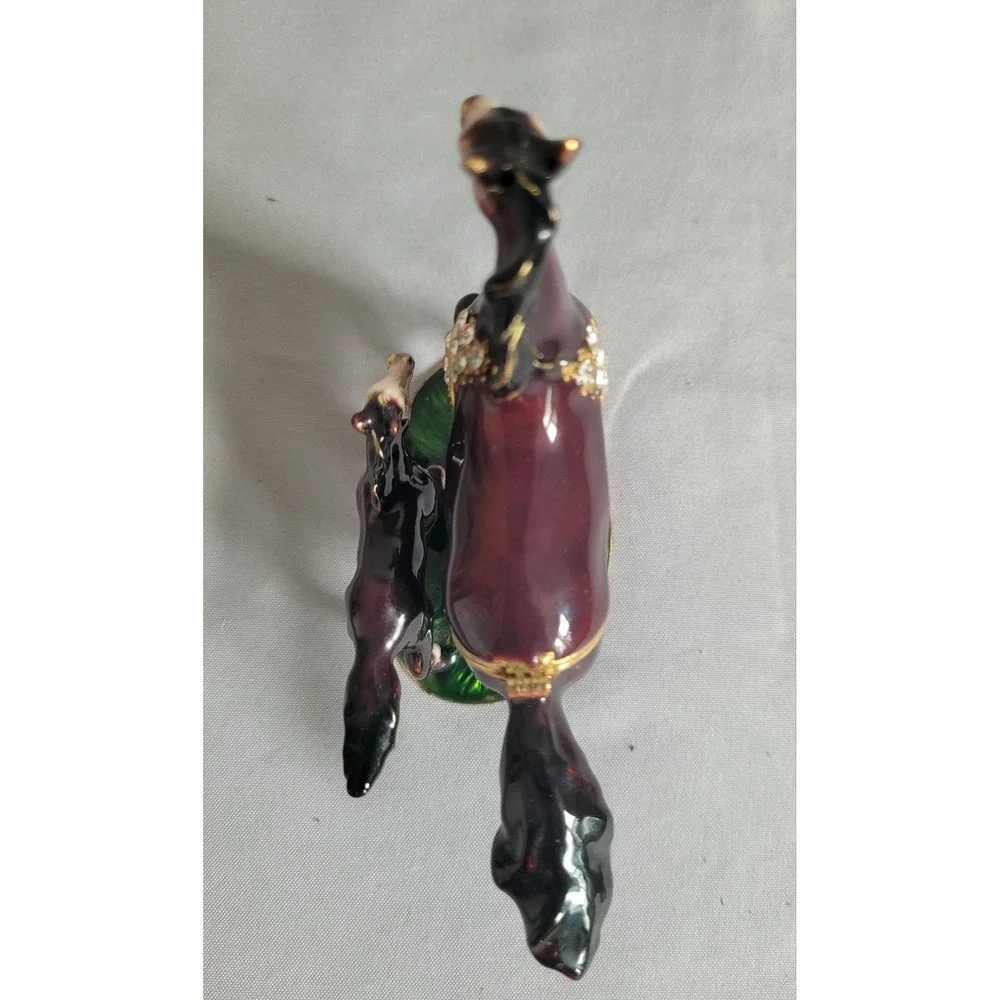 Enamel Metal Horse & Foal Hinged Trinket Box w/ Rhinestones Purple Green Base